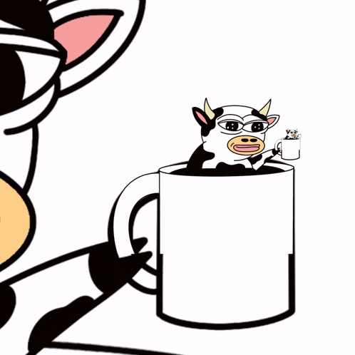 a cartoon cow is holding a cup of coffee with a cow sticking out of it