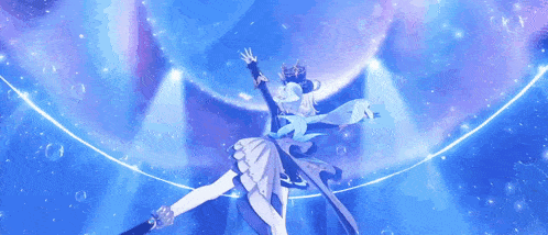 a girl in a white dress is dancing on a stage in front of a blue background .
