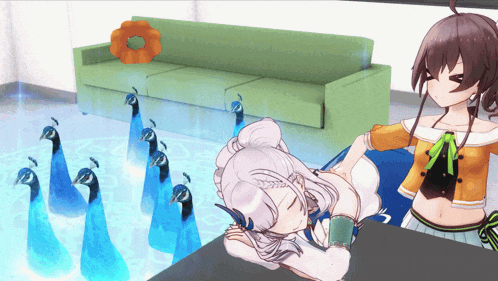 a group of peacocks are standing around a girl sleeping on a bed