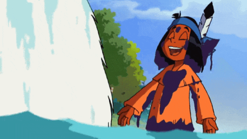 a cartoon native american is standing in the water