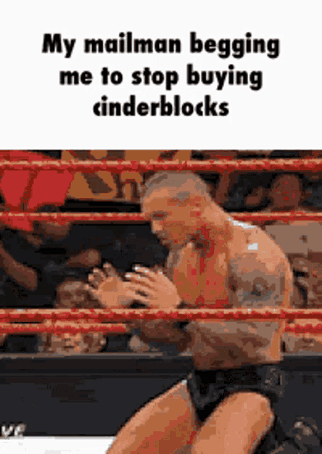a man is kneeling in a wrestling ring with the caption my mailman begging me to stop buying cinderblocks .
