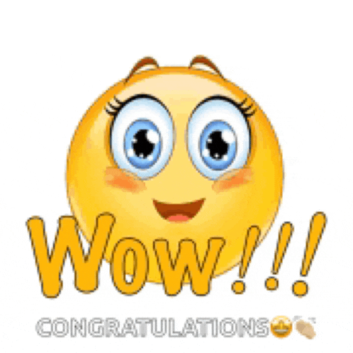 a cartoon smiley face says wow ! congratulations !