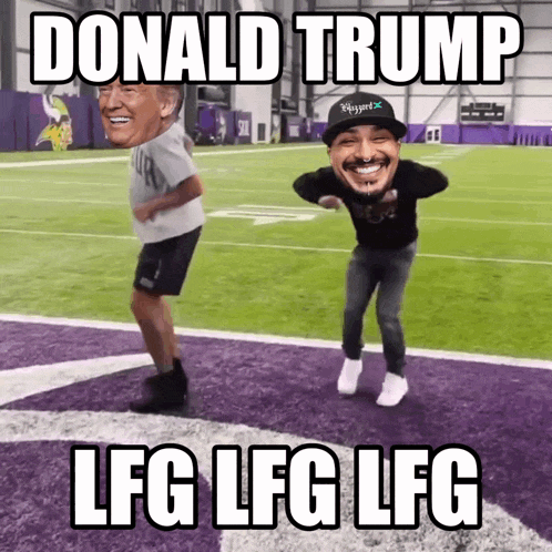 two men are dancing on a football field with donald trump lfg lfg lfg written below them