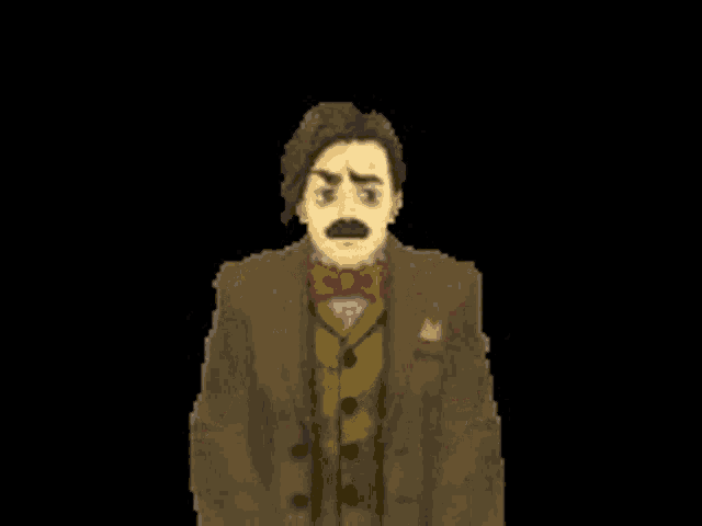 a pixel art of a man in a suit and bow tie making an angry face .