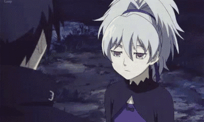 a girl with white hair is pointing at a man in a purple shirt .