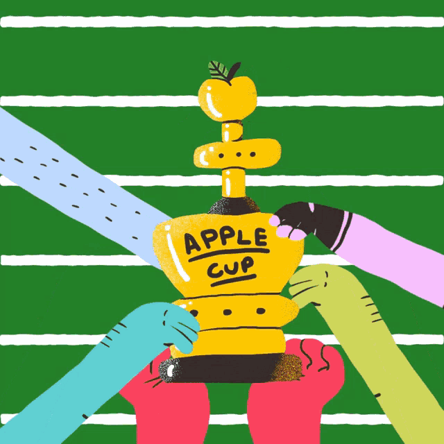 a cartoon drawing of a trophy that says apple cup on it