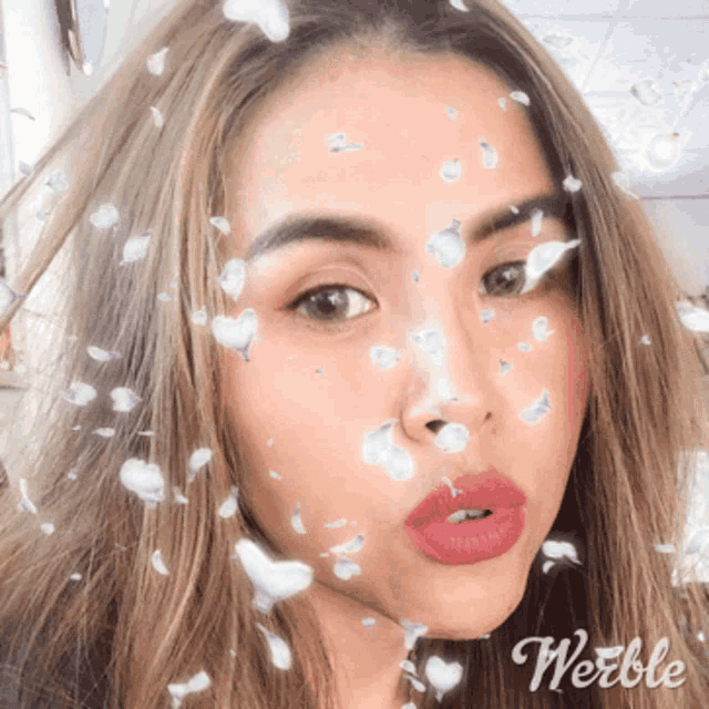 a close up of a woman 's face with petals falling from her hair and the word werble on the bottom right