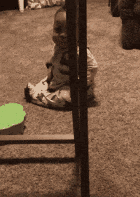 a baby is sitting on the floor behind a fence