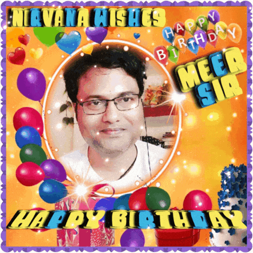 a birthday card with a picture of a man surrounded by balloons and the words nirvana wishes happy birthday