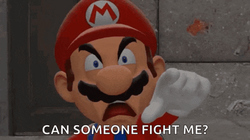 a cartoon character with the words can someone fight me on his face