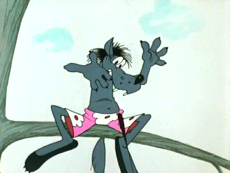 a cartoon wolf sitting on a tree branch