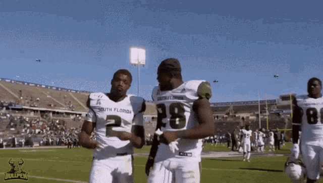 a football player with the number 28 on his jersey talks to another player