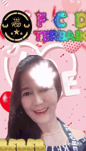 a woman 's face is on a pink background with a fcd logo on top