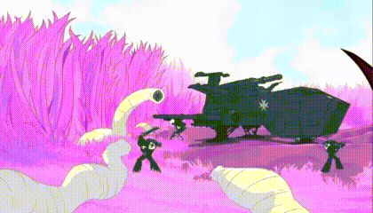 a cartoon drawing of a group of people standing in a field with a tank in the background .