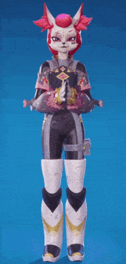 a cartoon character with pink hair and a black and white outfit stands on a blue background