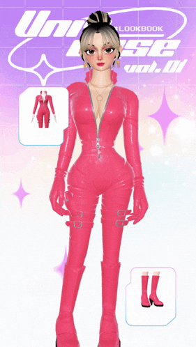 a woman in a pink jumpsuit is standing in front of a purple background that says universe lookbook vol.01