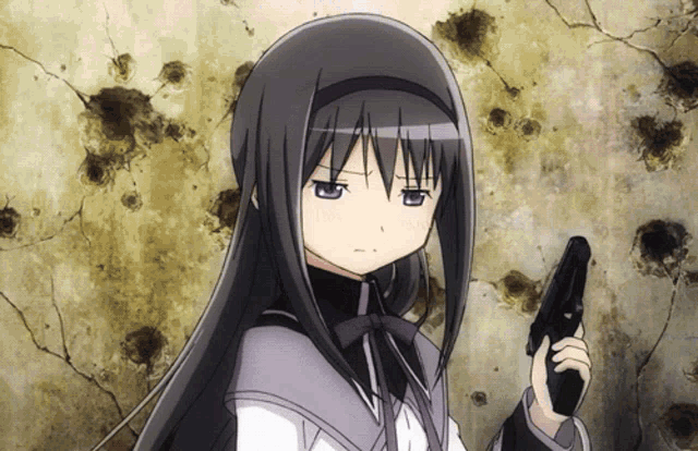 a girl with long black hair holds a gun in front of a wall with bullet holes