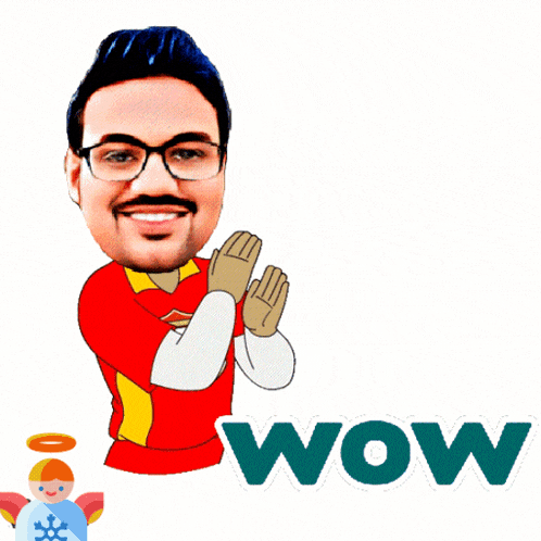 a cartoon of a man wearing glasses and a red shirt with the word wow below him