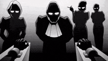 a group of people are standing next to each other in a black and white cartoon