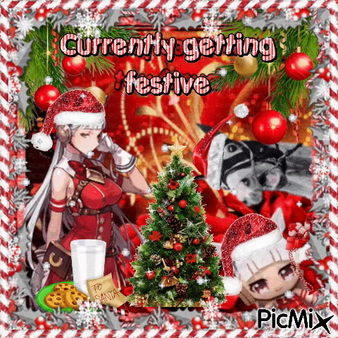 a picture of a christmas tree with the words currently getting festive in the corner