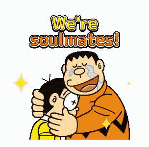 a cartoon of a man hugging another man and saying we 're soulmates