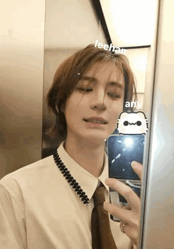 a young man is taking a selfie in front of a mirror with his phone .
