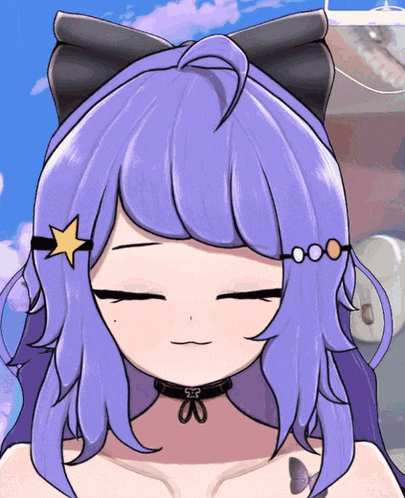 a girl with purple hair is wearing a choker with the letter a on it