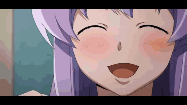 a close up of a girl with purple hair making a face