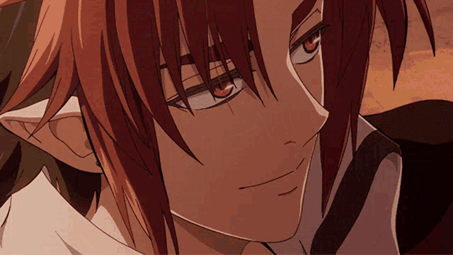 a close up of a red haired anime character with red eyes