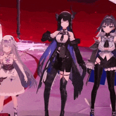 three anime girls are standing next to each other on a stage