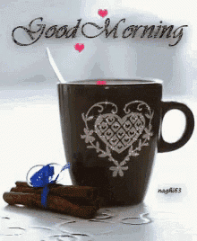 a cup of coffee with a heart on it and the words good morning on it