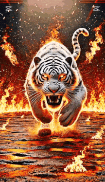 a white tiger is jumping through a fire filled room