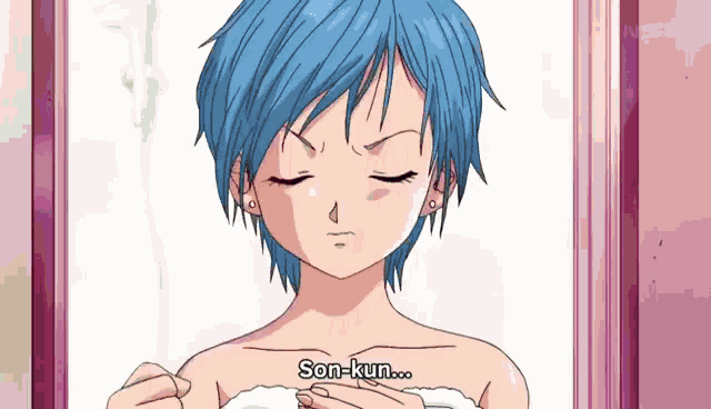 a girl with blue hair says son-kun in a cartoon