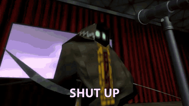 a video game character is standing in front of a microphone and says shut up
