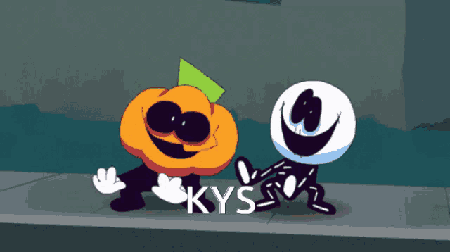 a cartoon of a pumpkin and a skeleton with the word kys on the bottom right