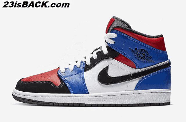 a pair of red white and blue air jordan sneakers with 23isback.com written on the bottom