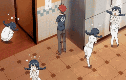 a group of anime characters are standing around a refrigerator in a kitchen