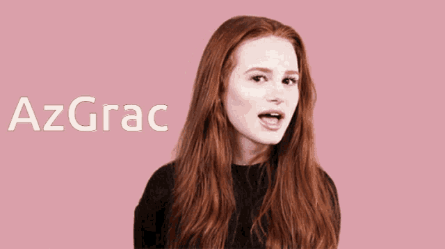 a woman with red hair is yawning in front of an azgrac logo