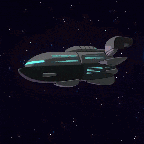 a cartoon of a space ship with flames coming out of the side