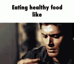 a picture of a man eating healthy food with the words eating healthy food like