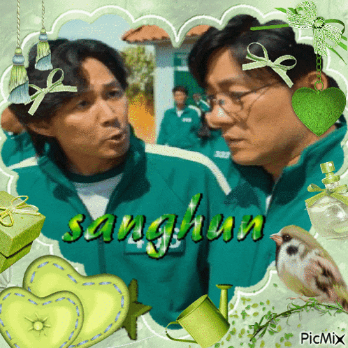 a picture of two men with the word sanghun in green