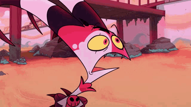 a cartoon character with big yellow eyes and a skull on its head