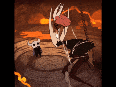 a drawing of a knight fighting a demon with chains around them