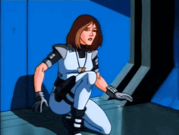 a cartoon character is kneeling down in front of a blue door