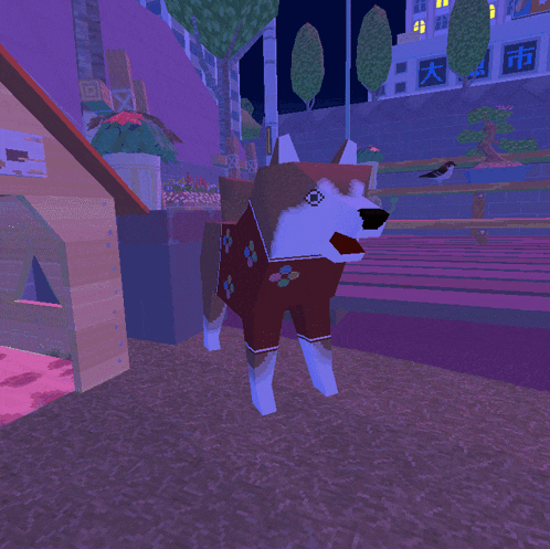a dog wearing a red shirt with flowers on it stands in front of a doghouse
