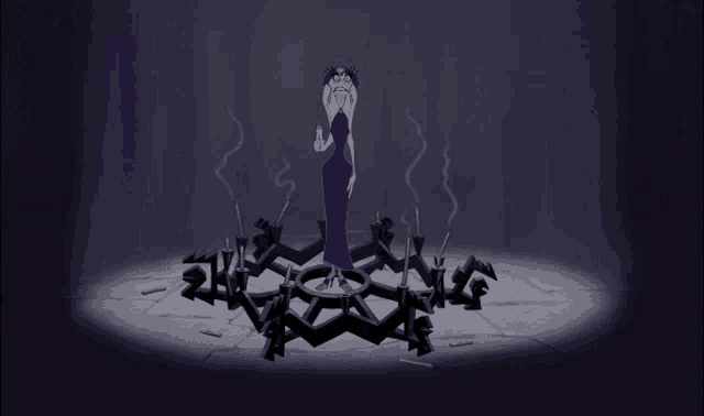 a woman in a purple dress stands in a dark room with smoke coming out of her mouth