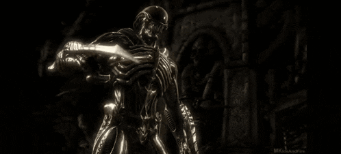 a skeleton is holding a gun with a flame coming out of its mouth