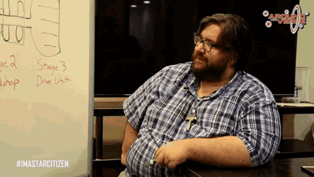 a man in a plaid shirt sits in front of a white board that says stage 3 drive unit on it