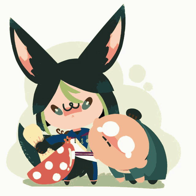 a cartoon drawing of a fox holding a child with a fan