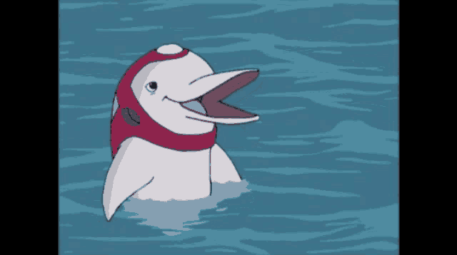 a cartoon dolphin wearing a red helmet is swimming in the ocean